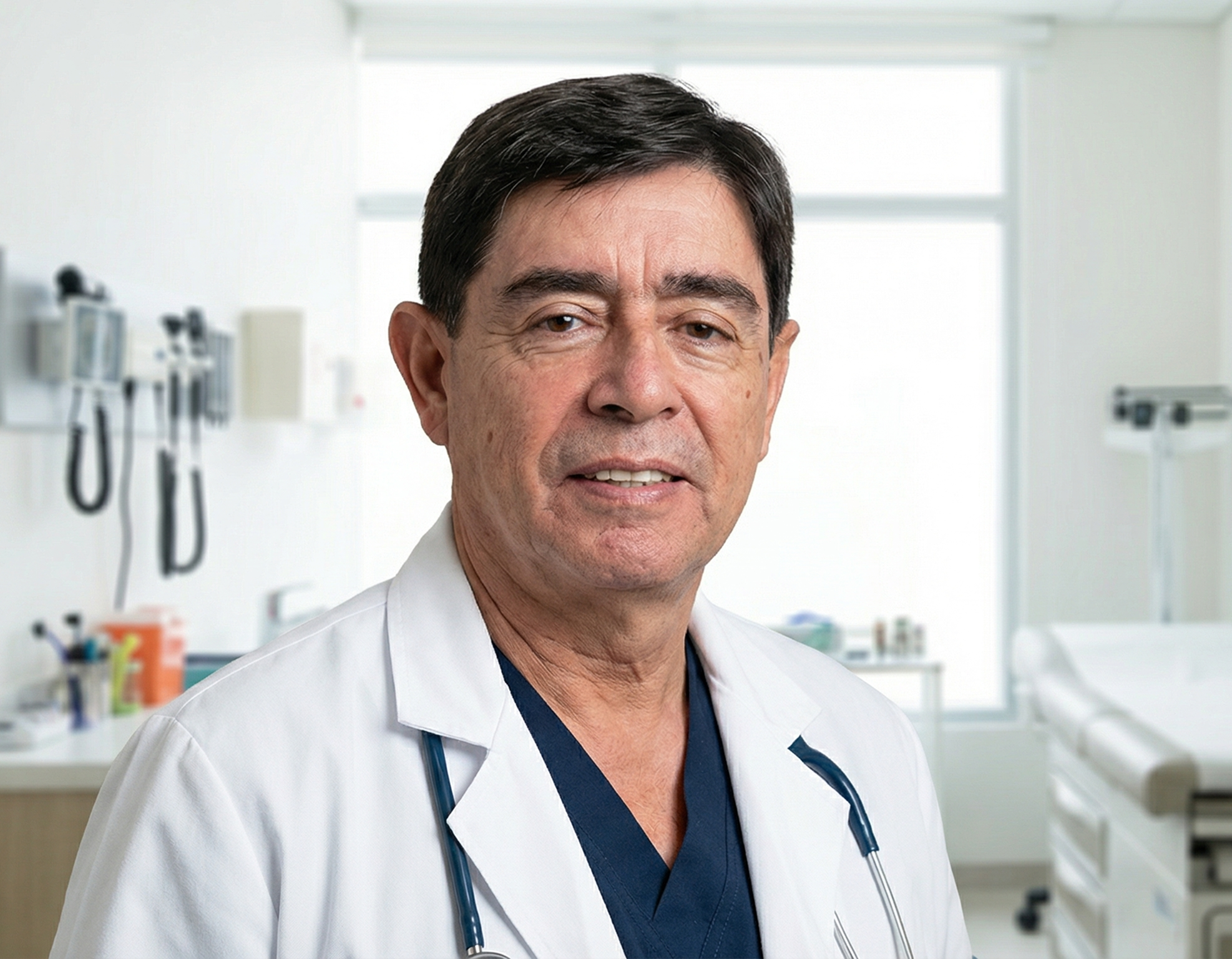 Dr. Fernando Jaramillo, pediatra con más de 30 años de experiencia en Quito, Ecuador, en su consultorio pediátrico